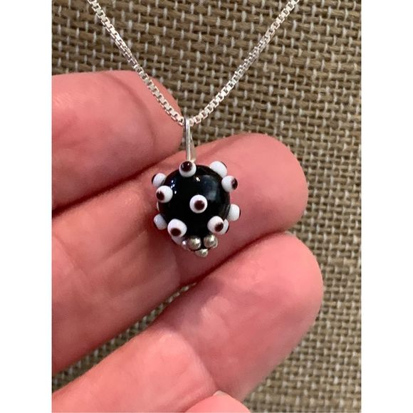 .925 Sterling Silver Box Chain with Black White Lampwork Bead - Picture 1 of 5